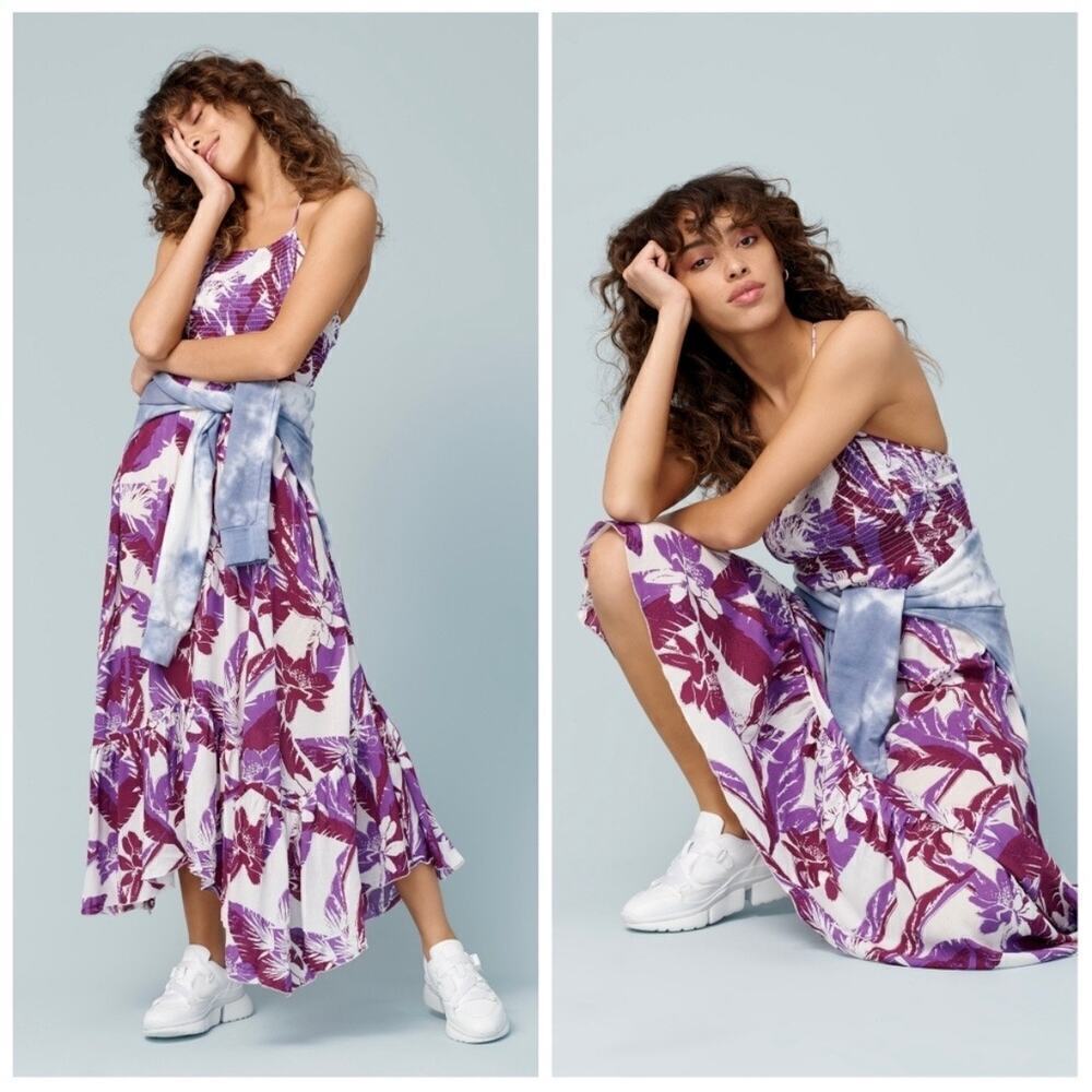 Free People Heat Wave Purple Floral Print Spaghetti Strap Maxi Dress Size Medium